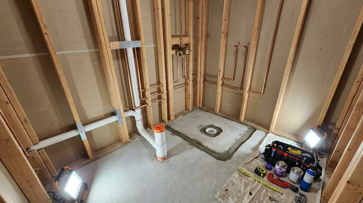 Bathroom rough-in plumbing during remodel by Johns Plumbing LLC in Port Wentworth