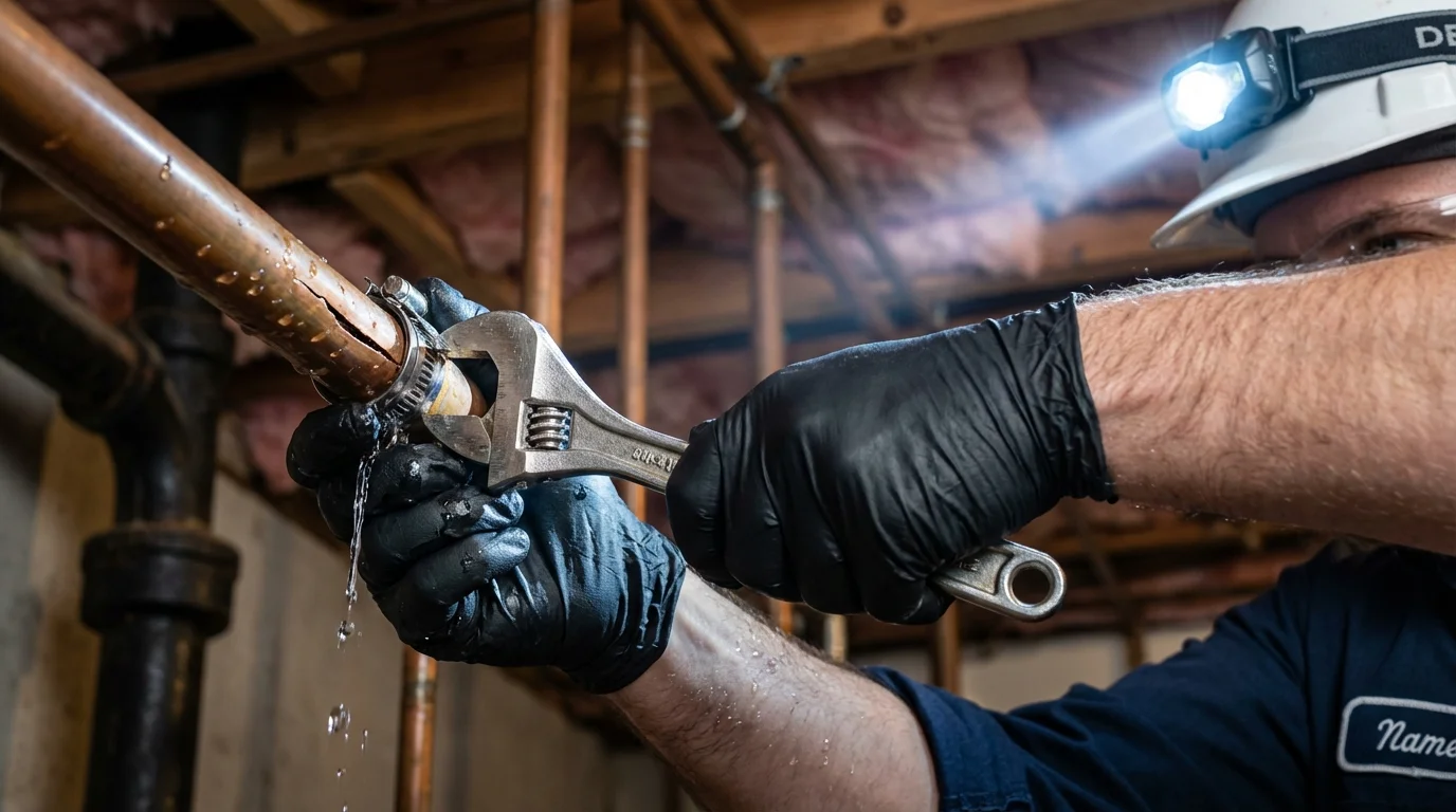 Emergency pipe clamp repair being performed by a Johns Plumbing LLC plumber in Port Wentworth