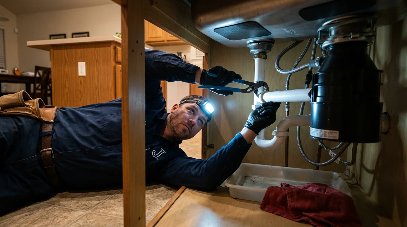 P-trap and supply line connections under a kitchen sink showing a common leak point in Port Wentworth, GA
